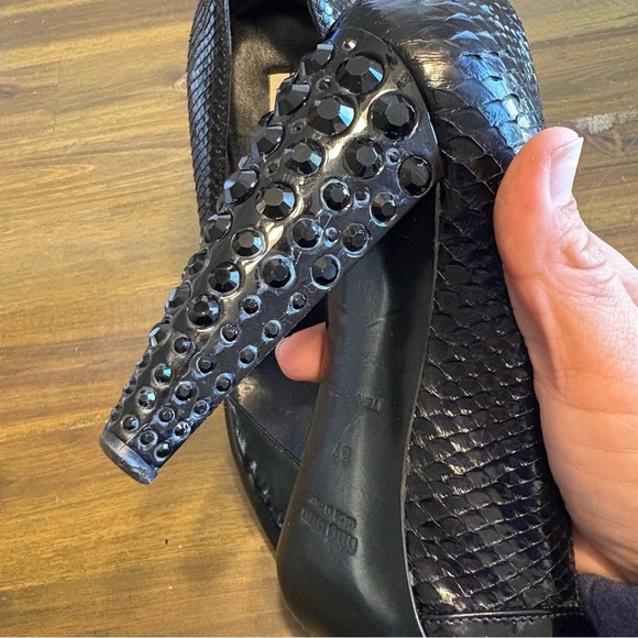Miu Miu Black Patent Peep Toe Jeweled Heels Python Snake Skin Rhinestones 37 - Picture 8 of 14